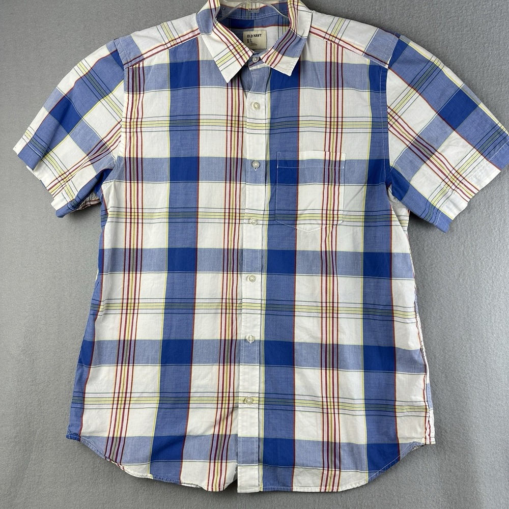 Old Navy Men's L White Blue Everyday‎ Oxford Regular Fit Short Sleeve Button Up